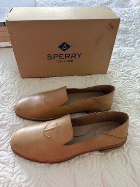 Sperry Tan Leather Slip-On Loafers with Embossed Anchor